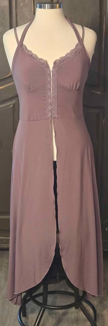 Mauve Halter Maxi Dress with Lace Trim and Hook-and-Eye Closure